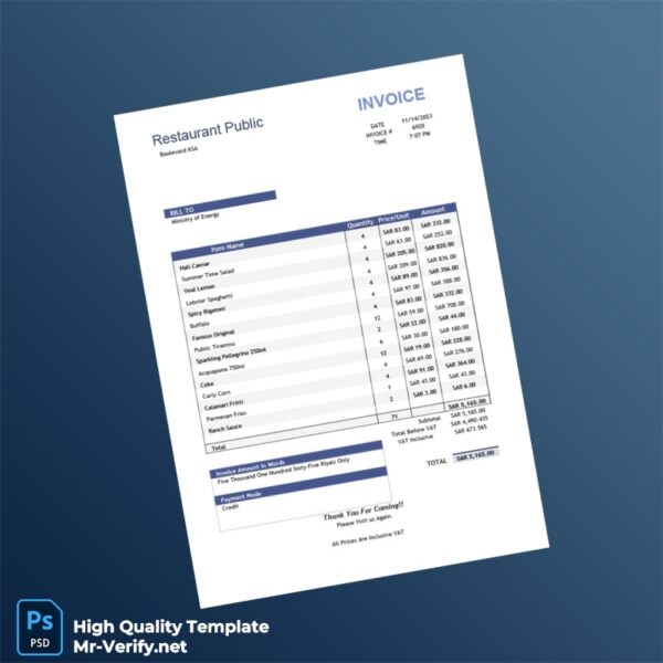 Saudi Arabia Restaurant Public Invoice Template in Word and PDF formats Saudi Arabia Restaurant Public Invoice Template in Word and PDF formats