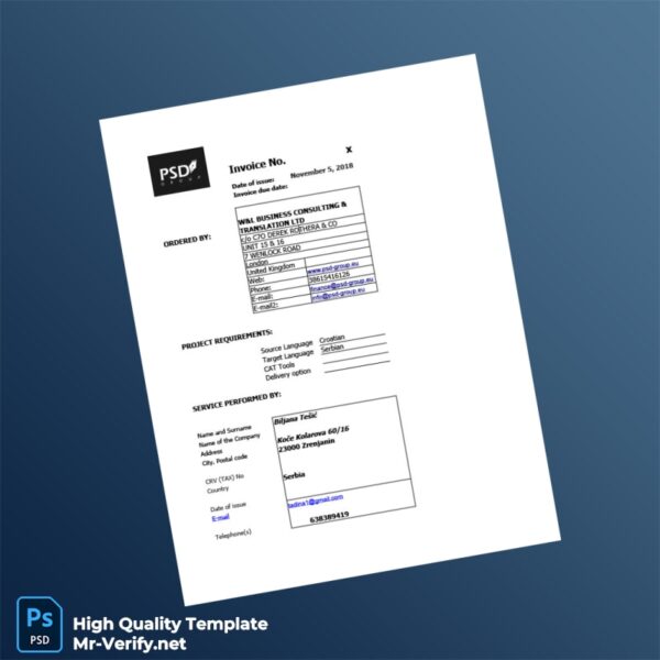 Serbia W L BUSINESS CONSULTING TRANSLATION LTD Invoice Template in Word and PDF formats