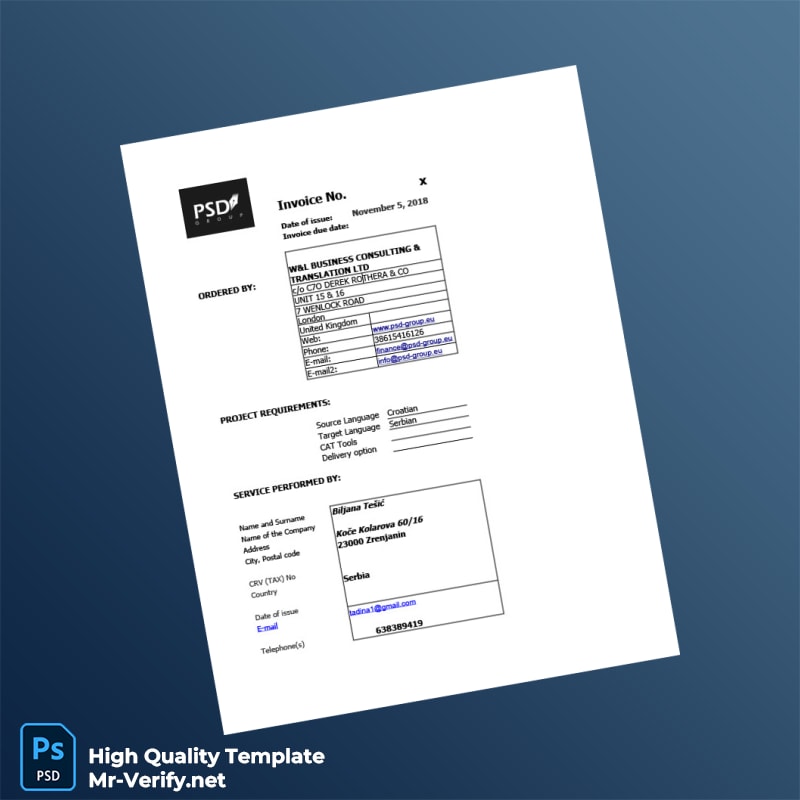 Serbia W L BUSINESS CONSULTING TRANSLATION LTD Invoice Template in Word and PDF formats Serbia W L BUSINESS CONSULTING TRANSLATION LTD Invoice Template in Word and PDF formats