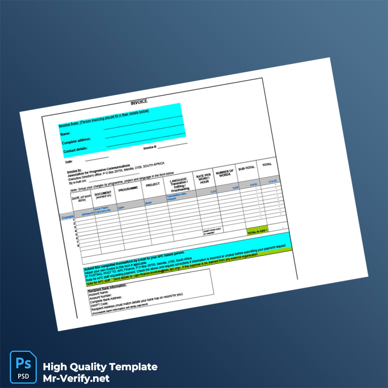 South Africa Association for Progressive Communications Invoice Template in Word and PDF formats South Africa Association for Progressive Communications Invoice Template in Word and PDF formats