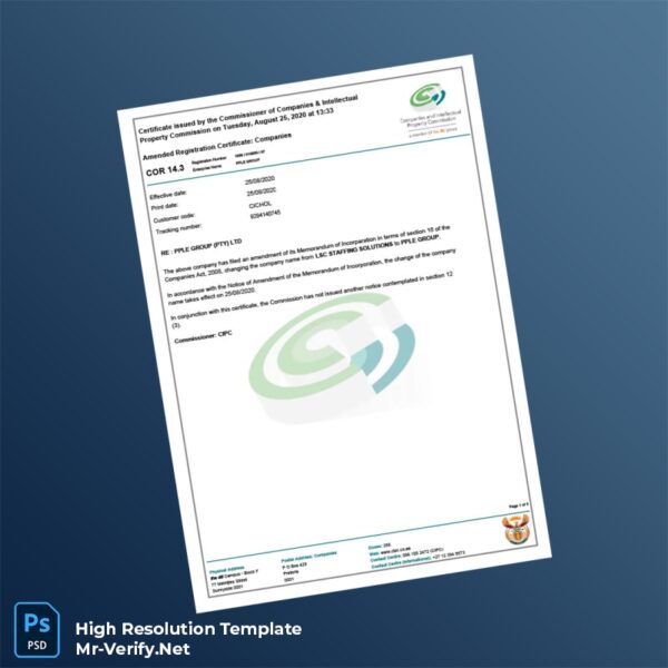 Editable South Africa CIPC Registration Certificate Word and Pdf Template Preview - Mac Doc