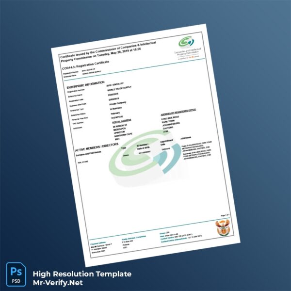 Editable South Africa Commissioner of Companies Business Registration Certificate Word and Pdf Template Preview - Mac Doc