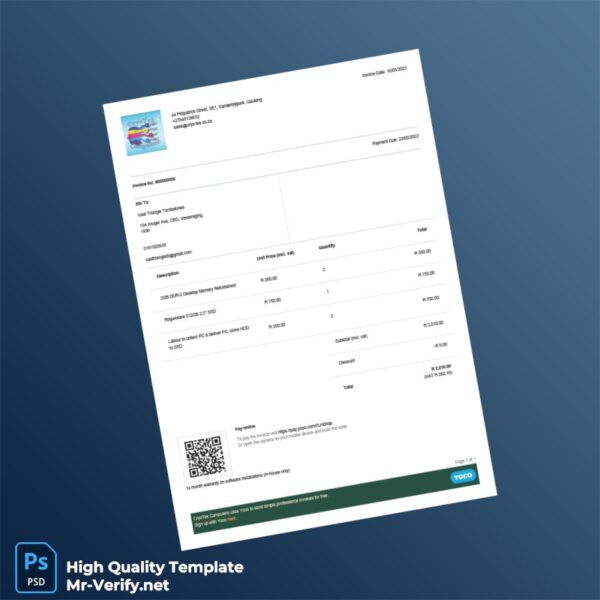 South Africa CryoTek Computers Invoice Template in Word and PDF formats