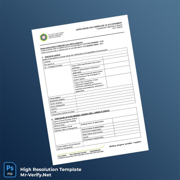 Editable South Africa Health Department Certificate of Acceptability Word and Pdf Template Preview - Mac Doc