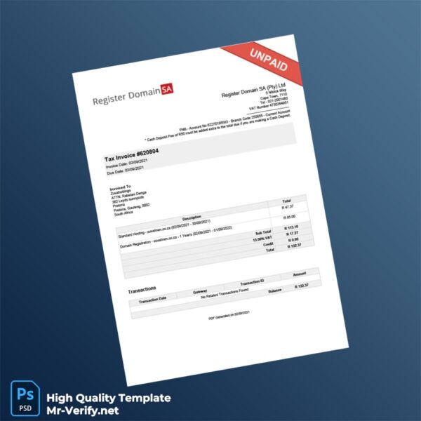 South Africa Register Domain SA Pty Ltd Tax Invoice Template in Word and PDF formats