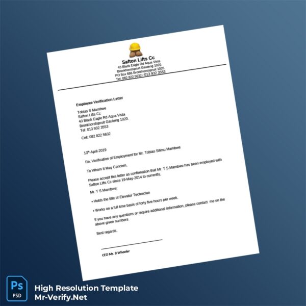 Editable South Africa Safton Lifts Cc Employment Verification Letter Word and Pdf Template Preview - Mac Doc