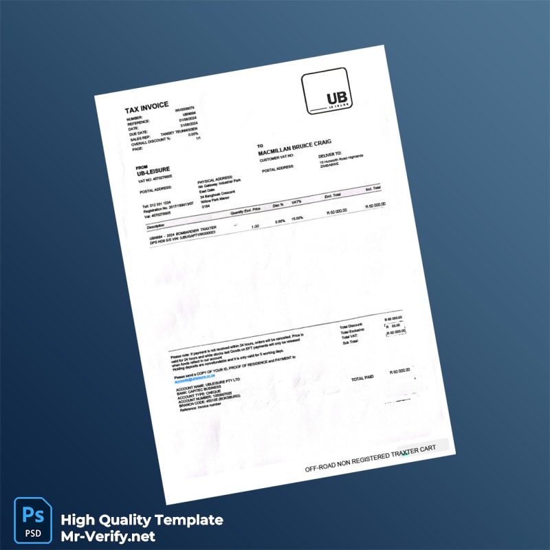 South Africa UB-Leisure Invoice Template in Word and PDF formats South Africa UB-Leisure Invoice Template in Word and PDF formats