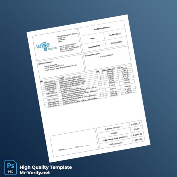 South Africa Wize Books Proforma Invoice Template in Word and PDF formats