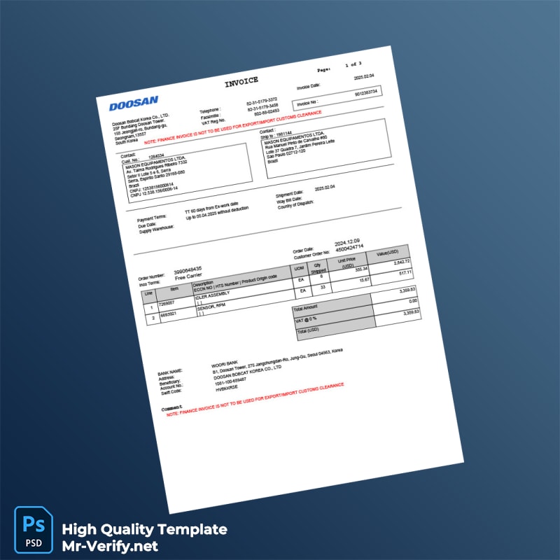 South Korea Doosan Invoice Template in Word and PDF formats South Korea Doosan Invoice Template in Word and PDF formats