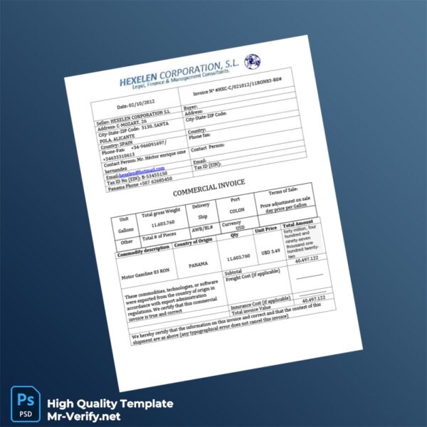 Spain Hexelen Corporation S L Commercial Invoice Template in Word and PDF formats