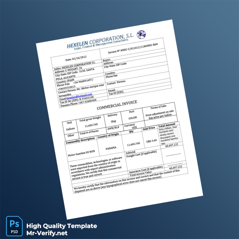 Spain Hexelen Corporation S L Commercial Invoice Template in Word and PDF formats Spain Hexelen Corporation S L Commercial Invoice Template in Word and PDF formats