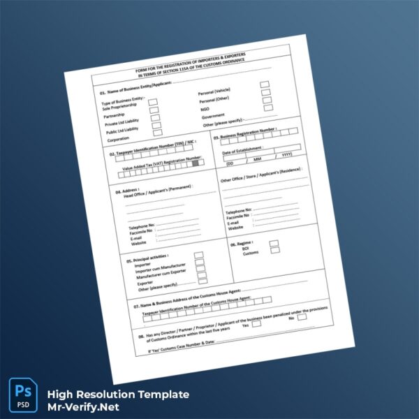 Editable Sri Lanka Customs Importers and Exporters Registration Form Word and Pdf Template Preview - Mac Doc