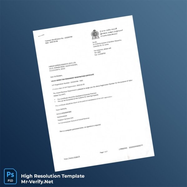 Editable Sri Lanka Inland Revenue Department VAT Registration Certificate Word and Pdf Template Preview - Mac Doc