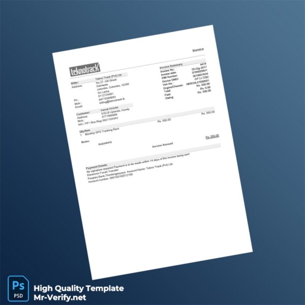 Sri Lanka Tekno Track Invoice Template in Word and PDF formats
