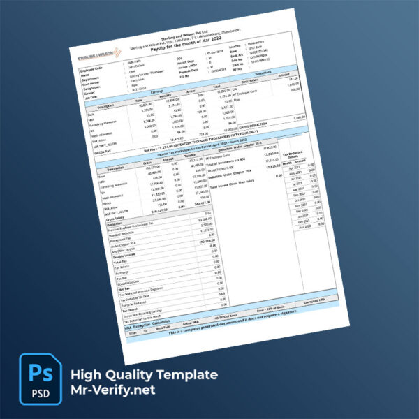 Sterling and Wilson Pvt Ltd payslip word and pdf template
