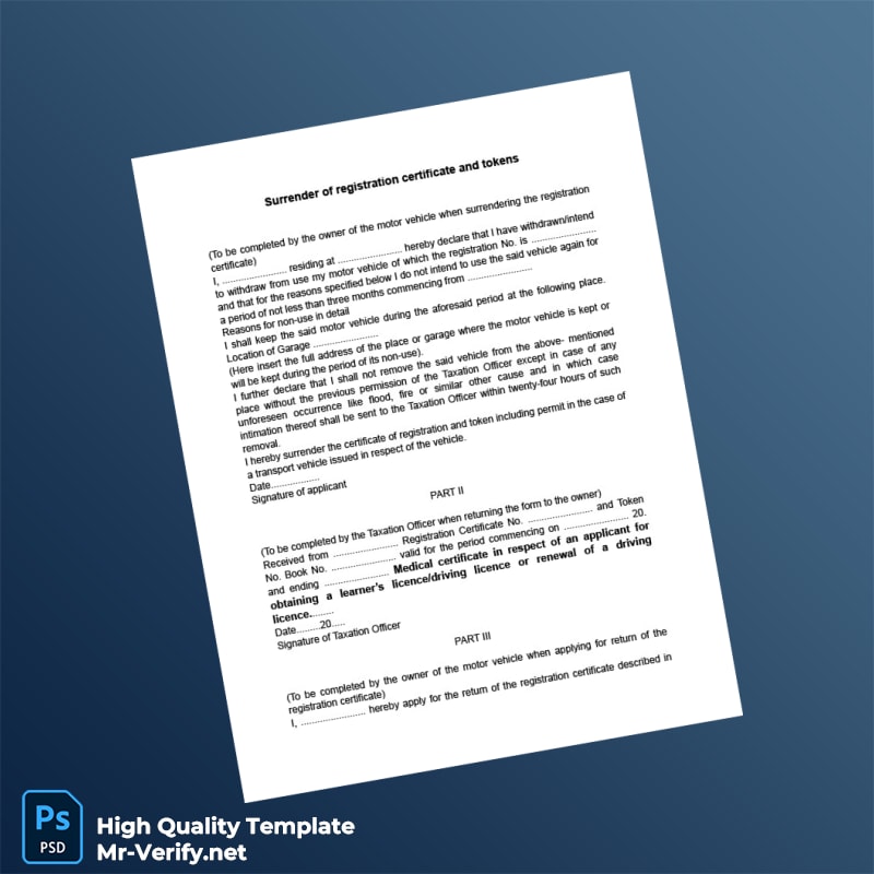 Surrender of Registration Certificate and Tokens Editable Registration Certificate Template in Word and PDF formats Surrender of Registration Certificate and Tokens Editable Registration Certificate Template in Word and PDF formats