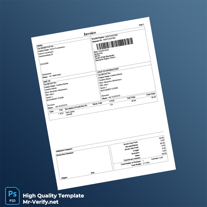 Switzerland Doina Frunzareanu Invoice Template in Word and PDF formats Switzerland Doina Frunzareanu Invoice Template in Word and PDF formats