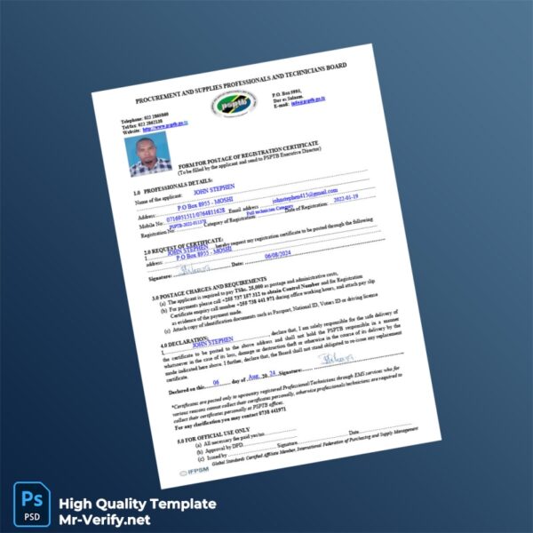 Tanzania NIDA Editable Registration Certificate Form Template in Word and PDF formats