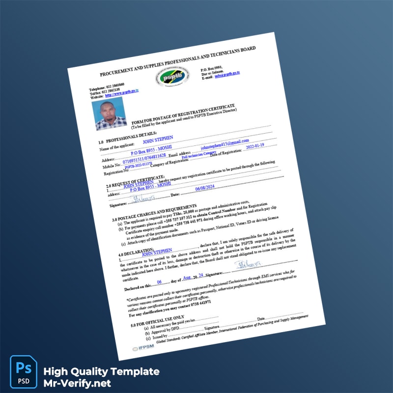 Tanzania NIDA Editable Registration Certificate Form Template in Word and PDF formats Tanzania NIDA Editable Registration Certificate Form Template in Word and PDF formats