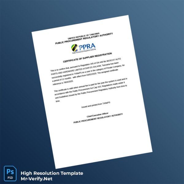 Editable Tanzania Public Procurement Regulatory Authority Supplier Registration Certificate Word and Pdf Template Preview