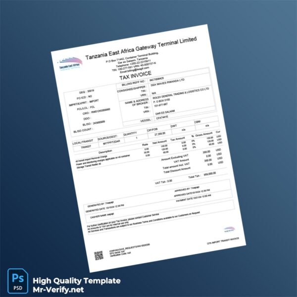 Tanzania Tanzania East Africa Gateway Terminal Limited Tax Invoice Template in Word and PDF formats