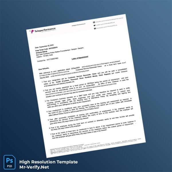 Editable Teleperformance Employment Verification Letter Word and Pdf Template Preview - Mac Doc