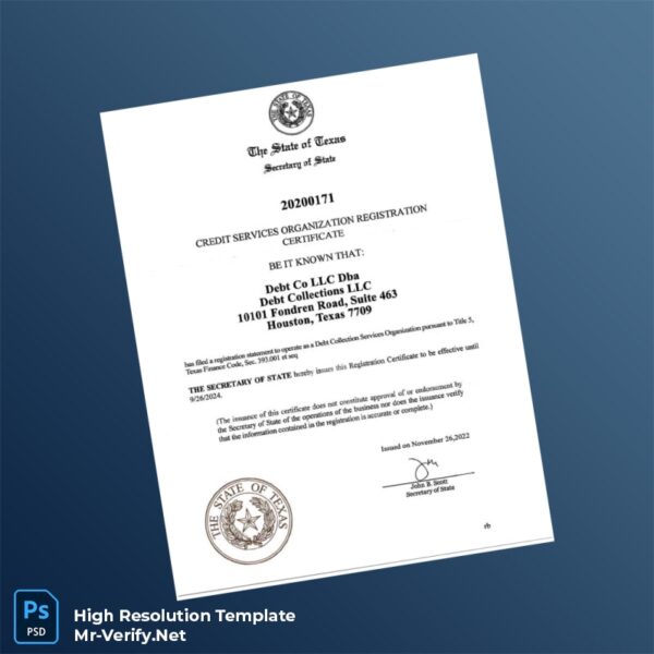 Editable Texas Secretary of State Business Registration Certificate Word and Pdf Template Preview - Mac Doc