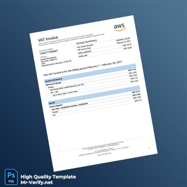 Turkey Amazon Web Services Invoice Template in Word and PDF formats