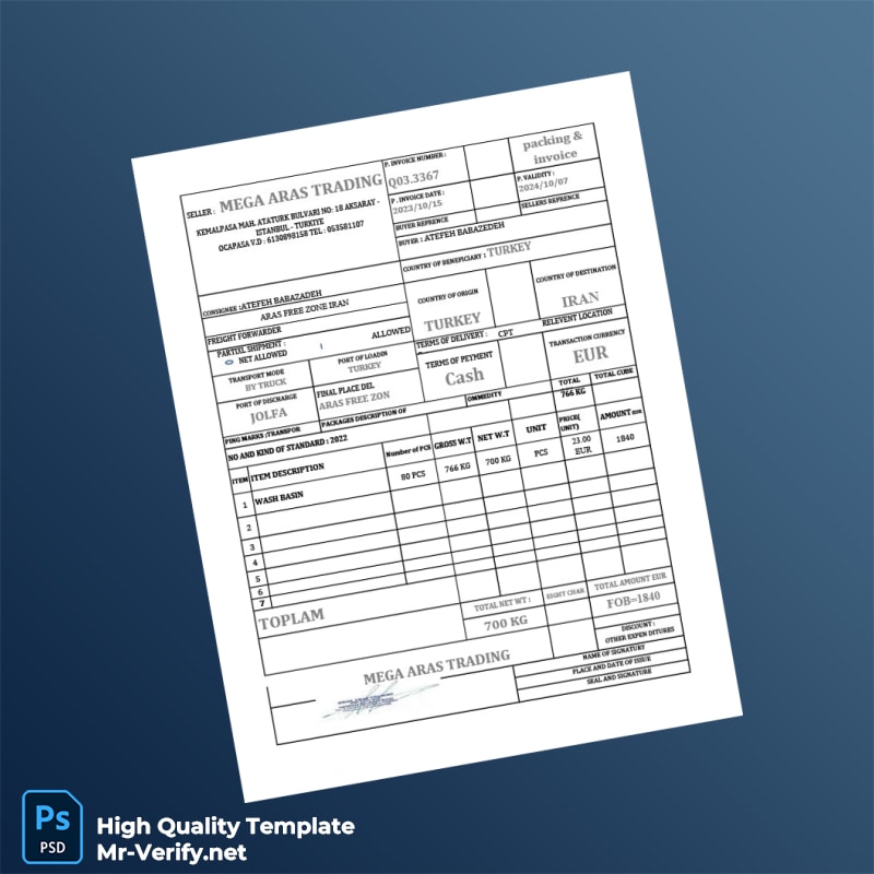 Turkey Mega Aras Trading Invoice Template in Word and PDF formats Turkey Mega Aras Trading Invoice Template in Word and PDF formats