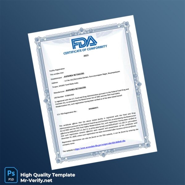 U S FDA Registration Certificate Template in Word and PDF formats