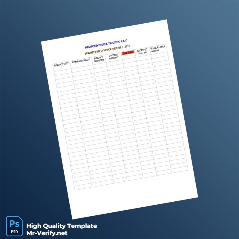 UAE Diamond Diesel Trading L L C Invoice Template in Word and PDF formats UAE Diamond Diesel Trading L L C Invoice Template in Word and PDF formats