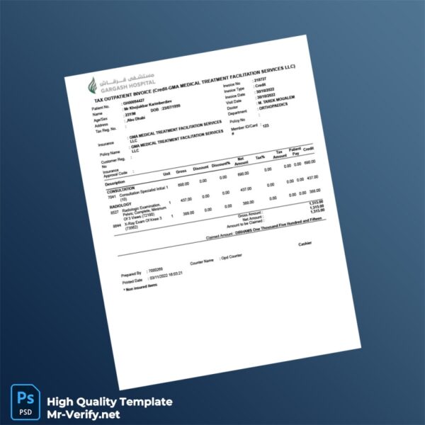 UAE GMA Medical Treatment Facilitation Services LLC Invoice Template in Word and PDF formats
