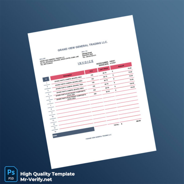UAE Grand View General Trading Invoice Template in Word and PDF formats