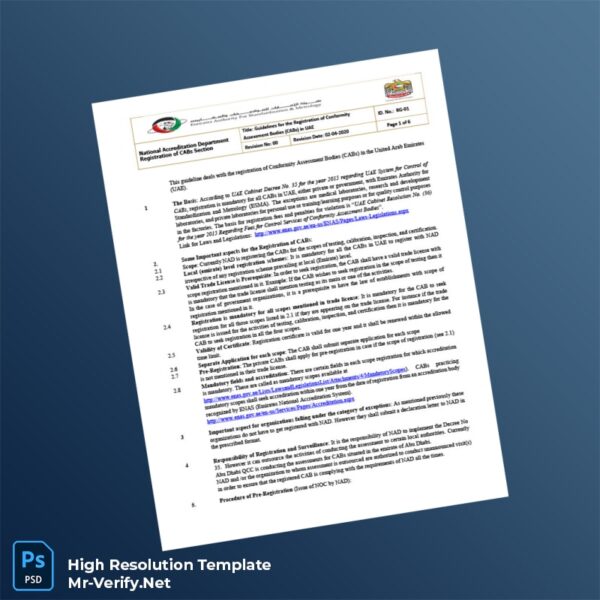 Editable UAE National Accreditation Department Registration Certificate Word and Pdf Template Preview - Mac Doc