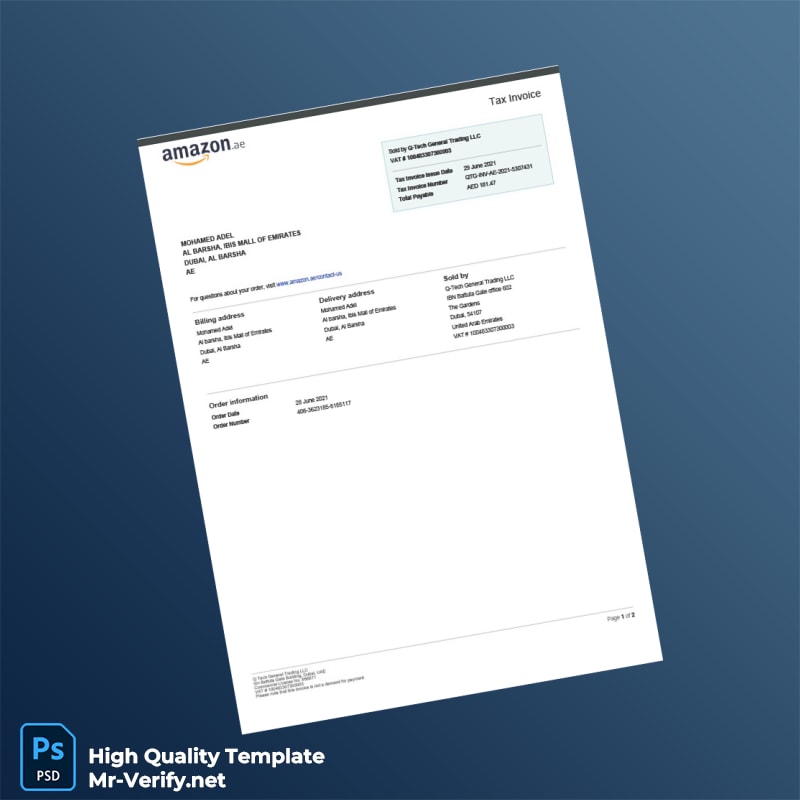 UAE Q-Tech General Trading LLC Tax Invoice Template in Word and PDF formats UAE Q-Tech General Trading LLC Tax Invoice Template in Word and PDF formats