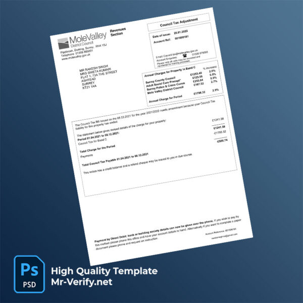 UK Mole Valley District Council Editable Council Tax Adjustment Notice Template in Word and PDF formats