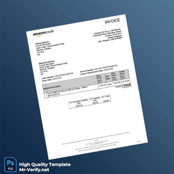 UK Amazon EU S à r l Invoice Template in Word and PDF formats
