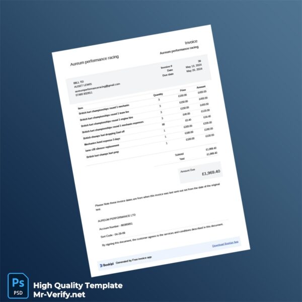 UK Aureum Performance Racing Invoice Template in Word and PDF formats UK Aureum Performance Racing Invoice Template in Word and PDF formats