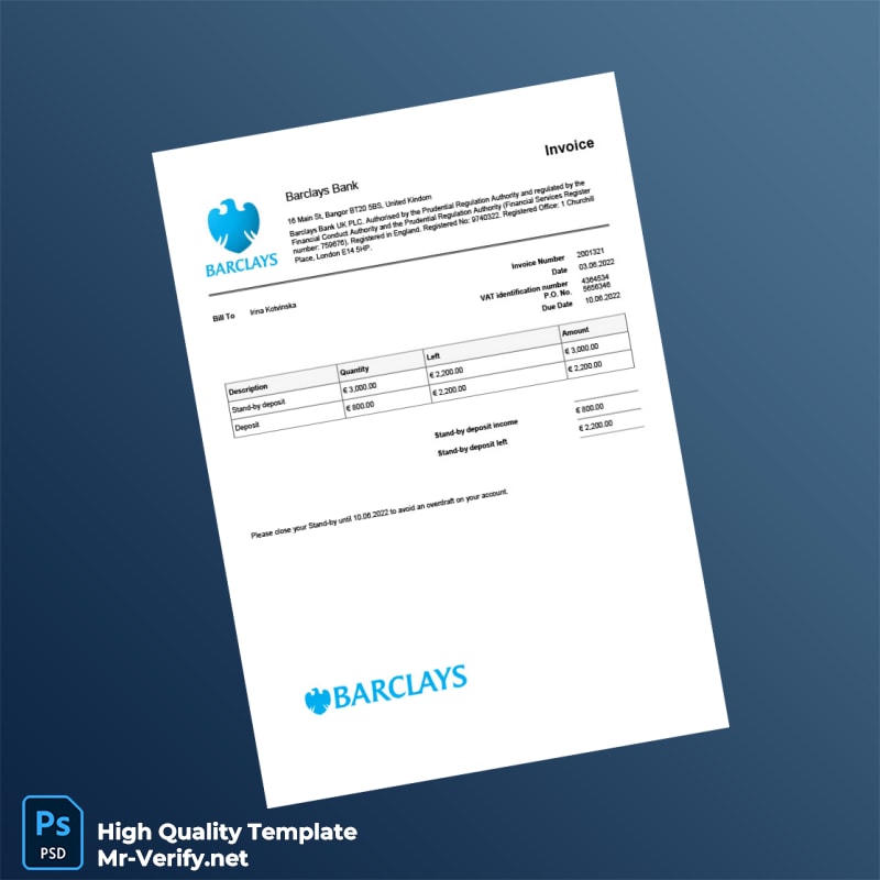 UK Barclays Bank Invoice Template in Word and PDF formats UK Barclays Bank Invoice Template in Word and PDF formats