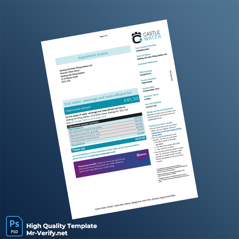 UK Castle Water Invoice Template in Word and PDF formats UK Castle Water Invoice Template in Word and PDF formats