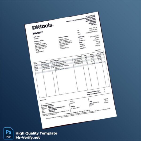 UK DK Tools Ltd Invoice Template in Word and PDF formats