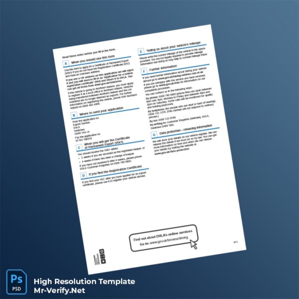 Editable UK DVLA Certificate of Permanent Export Application Form V561 Word and Pdf Template Preview - Mac Doc