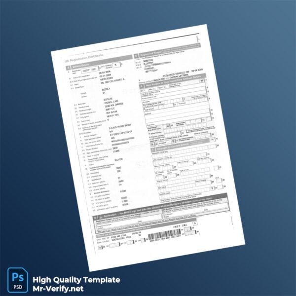 UK DVLA Registration Certificate Template in Word and PDF formats