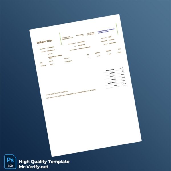 UK Tailspin Toys Commercial Invoice Template in Word and PDF formats