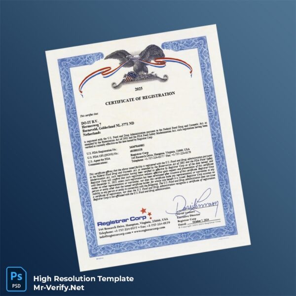 Editable US FDA Certificate of Registration Word and Pdf Template Preview - Mac Doc