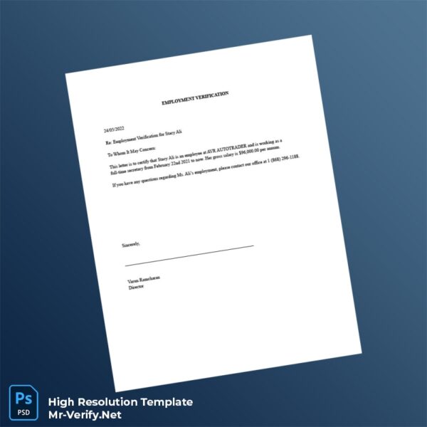 Editable USA AVR AUTOTRADER Employment Verification Letter Word and Pdf Template Preview - Mac Doc