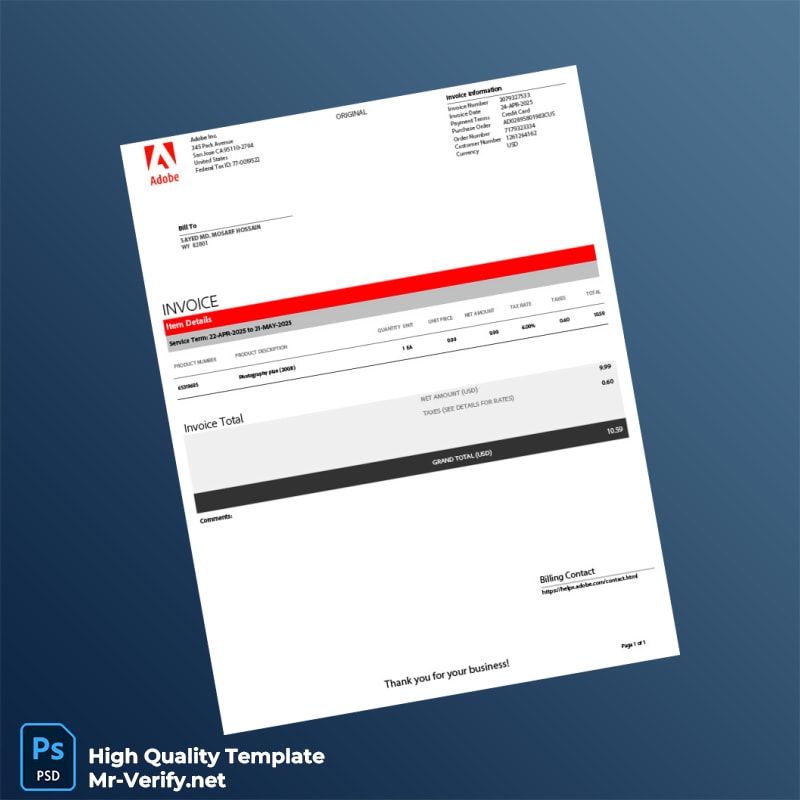 USA Adobe Inc Invoice Template in Word and PDF formats USA Adobe Inc Invoice Template in Word and PDF formats