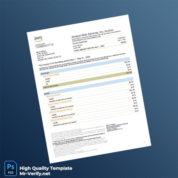USA Amazon Web Services Inc Invoice Template in Word and PDF formats