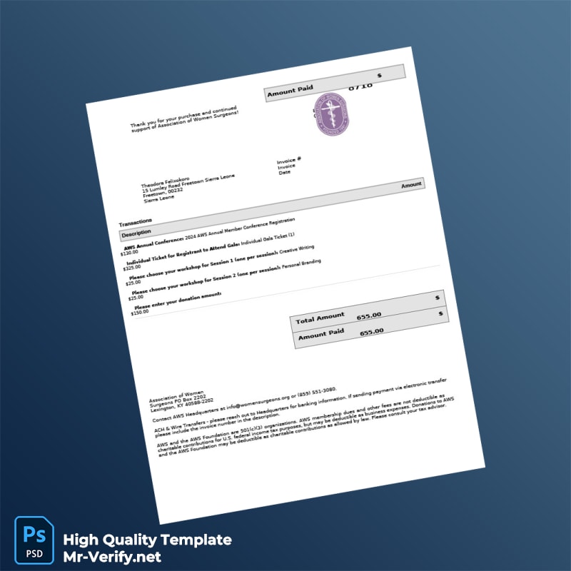 USA Association of Women Surgeons Invoice Template in Word and PDF formats USA Association of Women Surgeons Invoice Template in Word and PDF formats