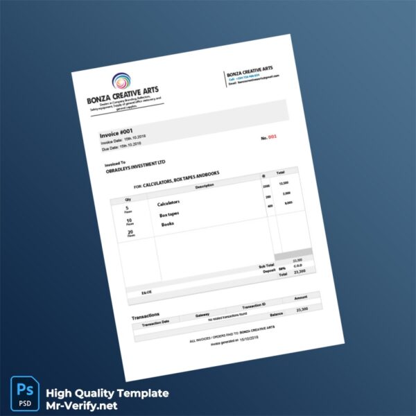 USA Bonza Creative Arts Invoice Template in Word and PDF formats